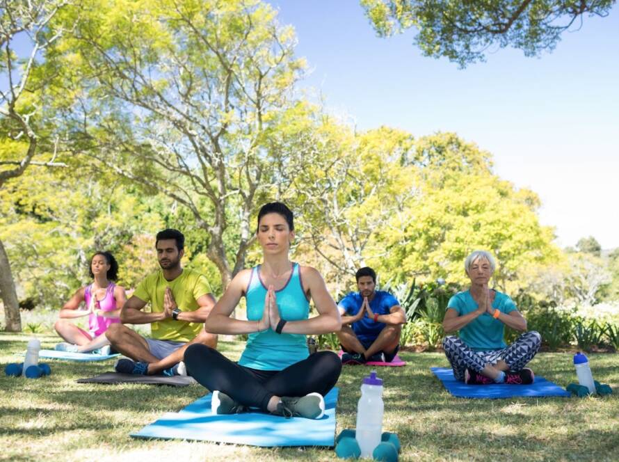Participants performing a guided yoga session outdoors in a natural environment